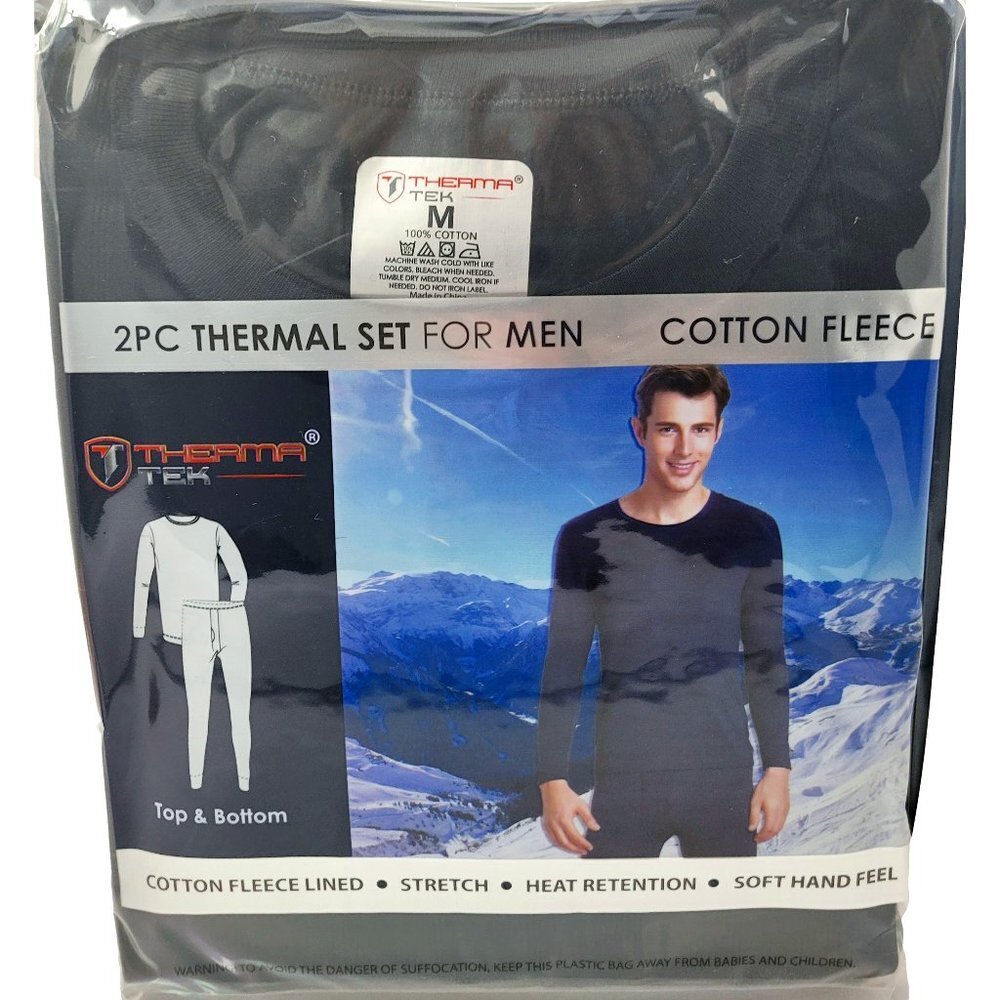 Men Thermal Long Johns Warm Underwear Set, 100% Cotton Fleece, Black